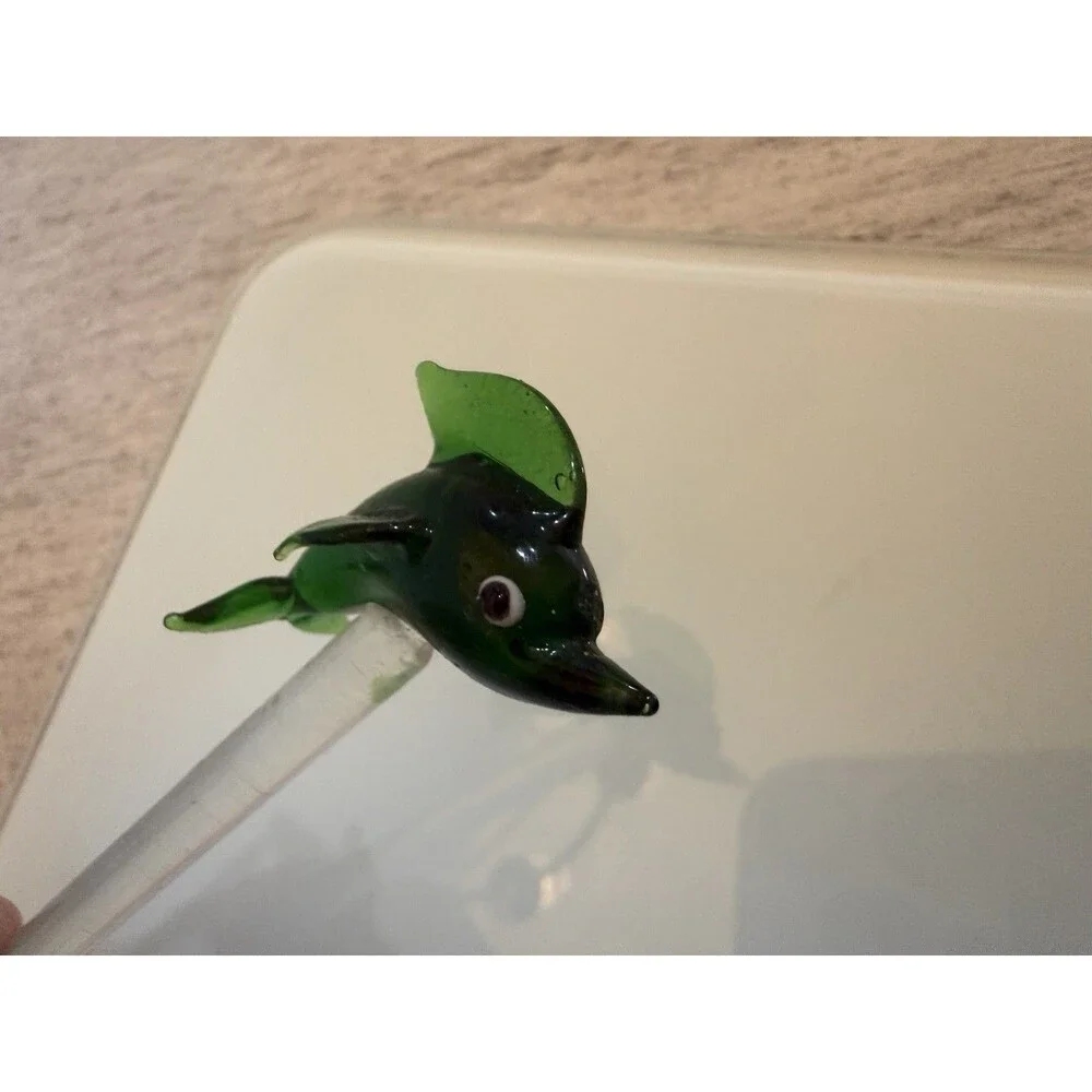 5 Murano Style Hand Blown Glass Dolphin Cocktail Stirrer Swizzle Stick Vintage